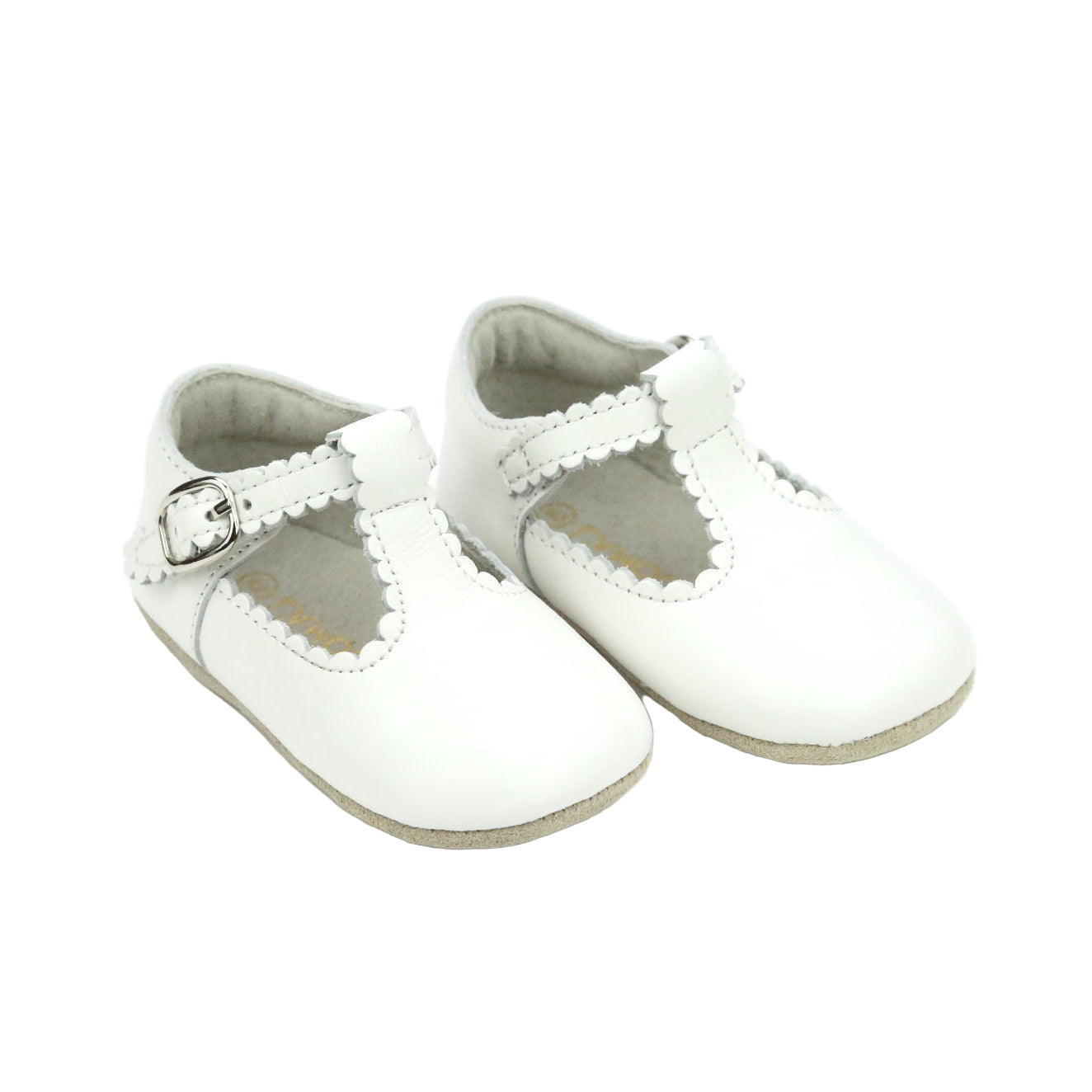 L’Amour Elodie white scalloped T-strap baby shoe in Napa leather with soft suede sole, perfect for pairing with Henry Duvall Fall outfits for girls