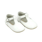 L’Amour Elodie white scalloped T-strap baby shoe in Napa leather with soft suede sole, perfect for pairing with Henry Duvall Fall outfits for girls