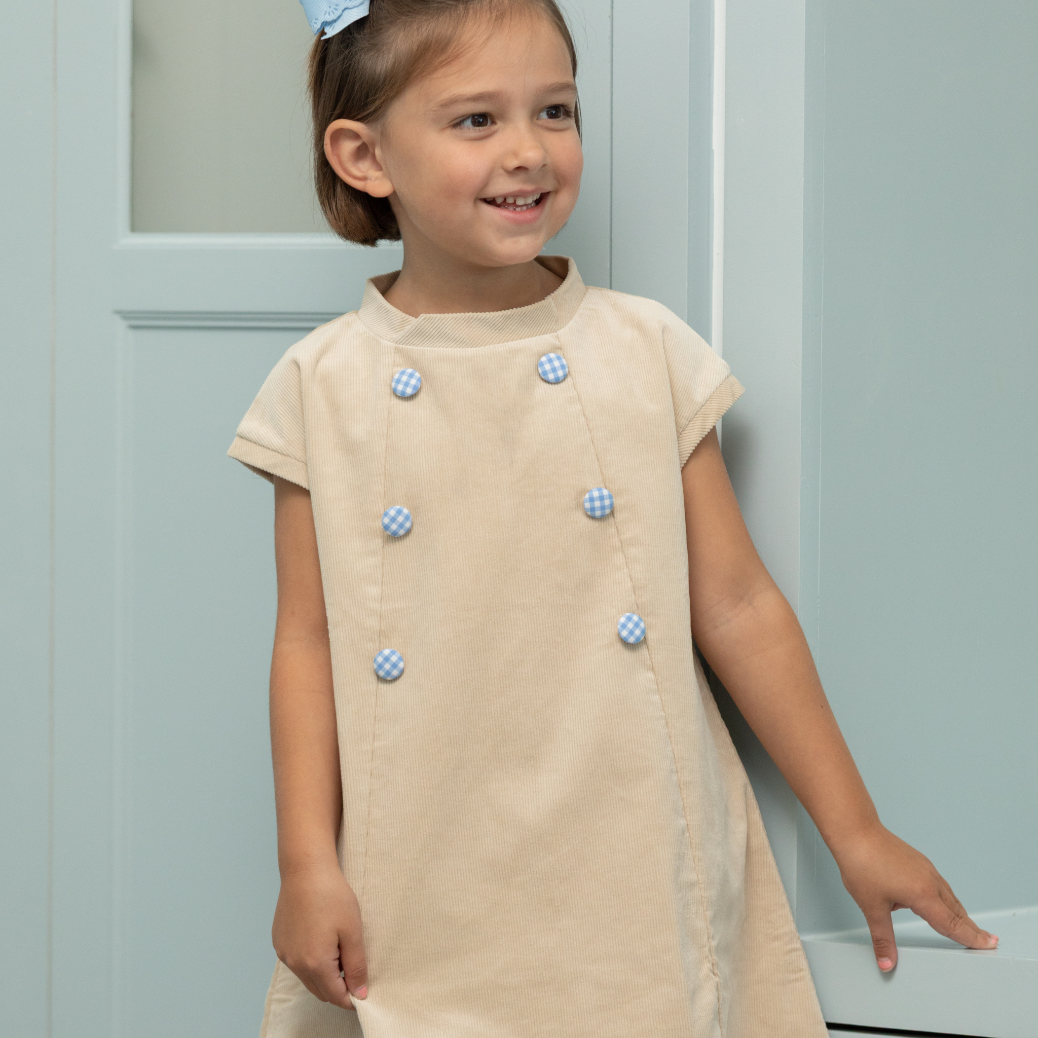 Henry Duvall Isabel Dress in King’s Way Khaki Corduroy with Charles Street Check covered buttons, classic fall toddler and girls outfit with heirloom style and timeless details 