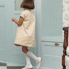 Henry Duvall Isabel Dress in King’s Way Khaki Corduroy with Charles Street Check covered buttons, classic fall toddler and girls outfit with heirloom style and timeless details 