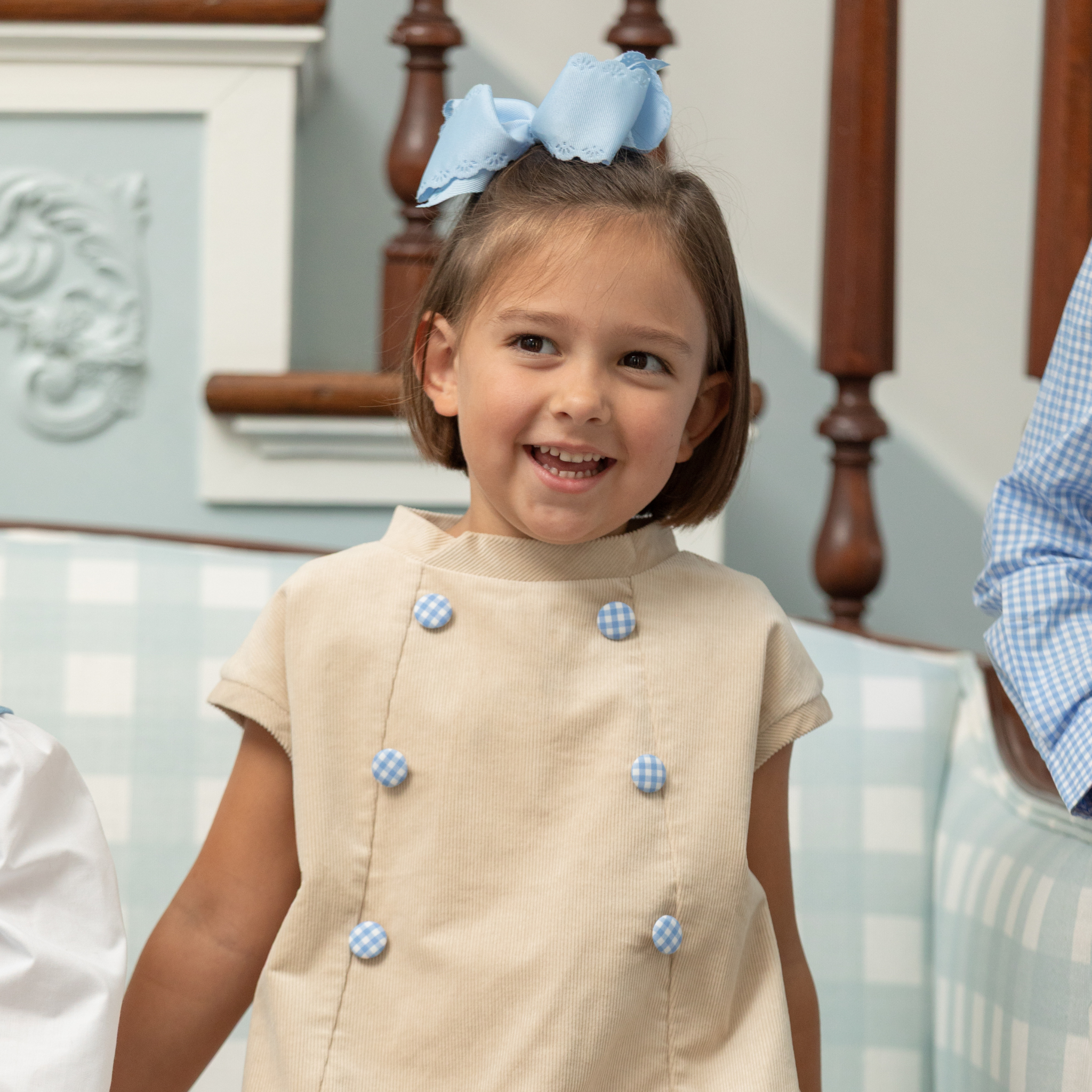 Henry Duvall Isabel Dress in King’s Way Khaki Corduroy with Charles Street Check covered buttons, classic fall toddler and girls outfit with heirloom style and timeless details 