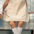 Henry Duvall Isabel Dress in King’s Way Khaki Corduroy with Charles Street Check covered buttons, classic fall toddler and girls outfit with heirloom style and timeless details 