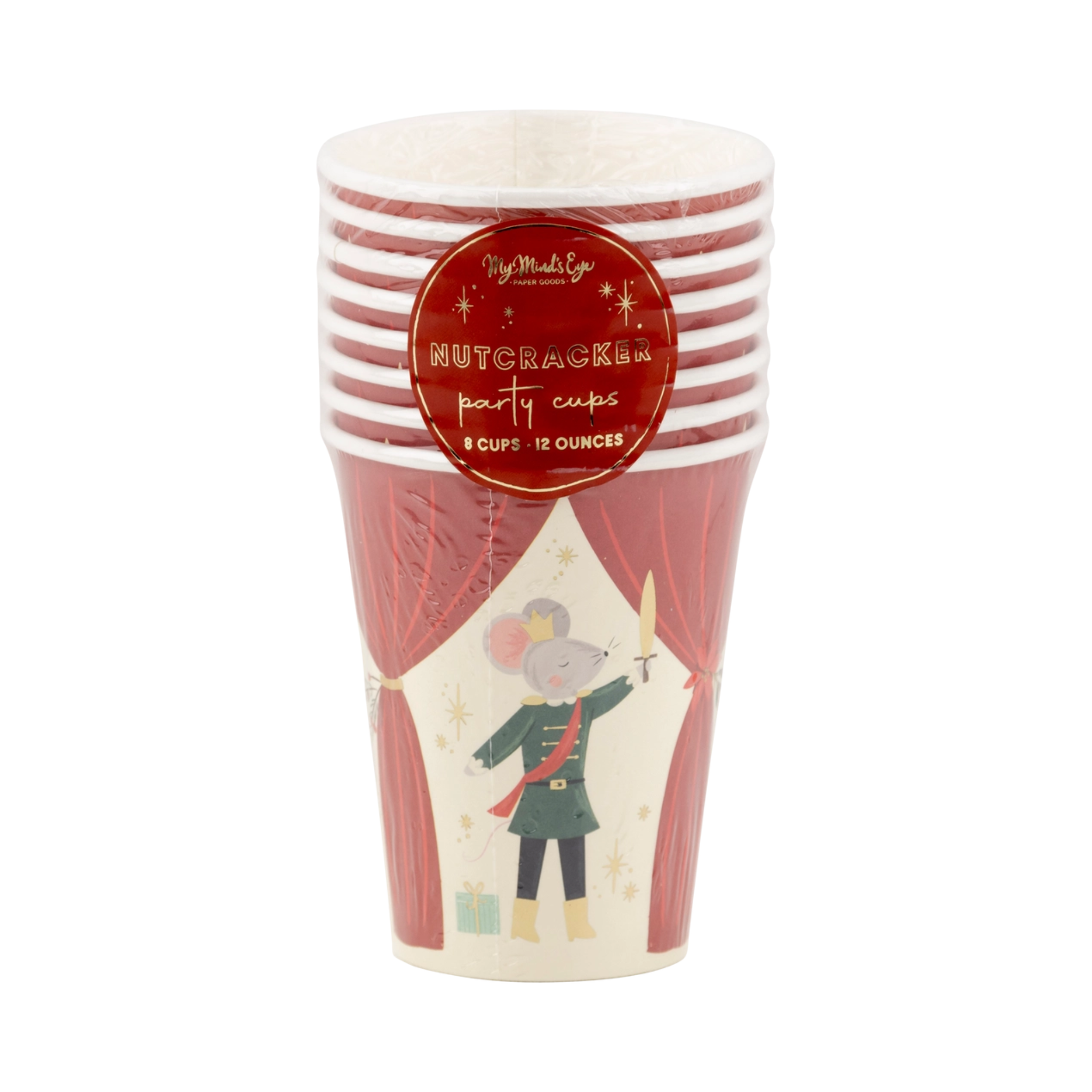 Set of 8 festive paper cups featuring a colorful nutcracker design, perfect for holiday drinks and Christmas party celebrations