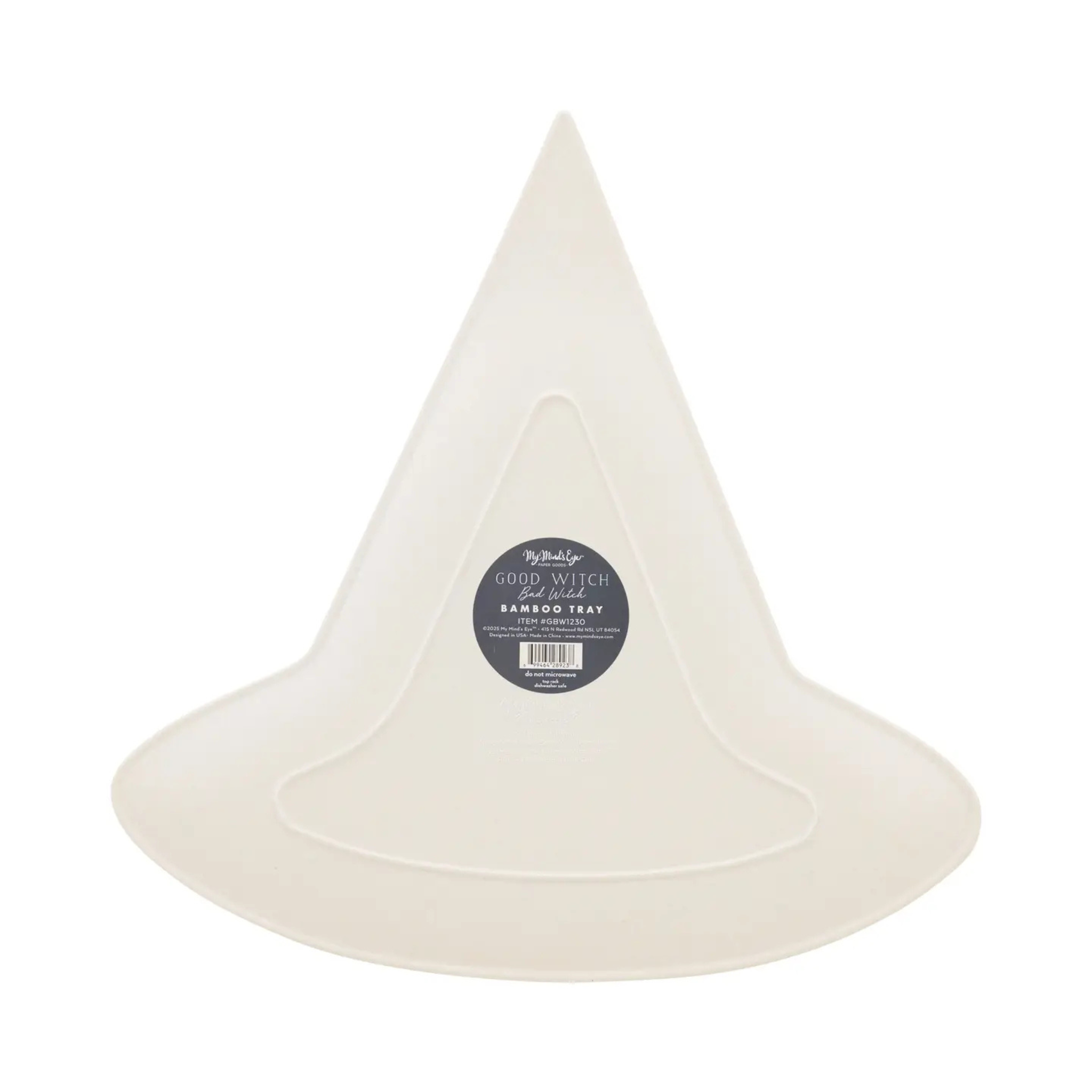 Witch Hat Bamboo Tray made from eco-friendly bamboo fiber, 14-inch pink Halloween serving tray shaped like a witch hat, food safe and dishwasher safe