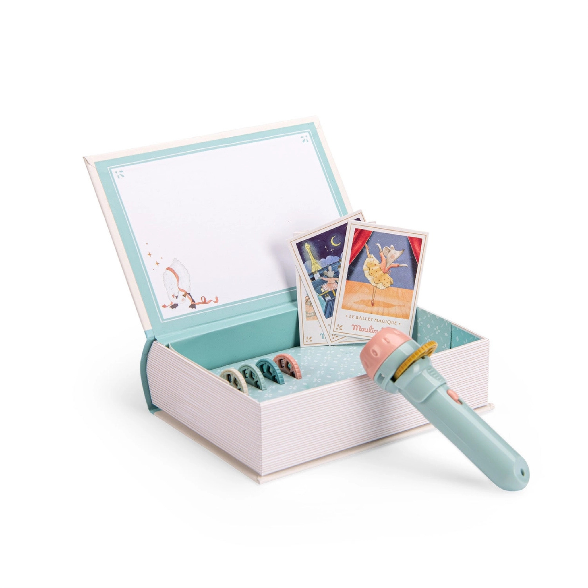 Ballet-themed children’s projection set featuring a storybook-shaped keepsake box, handheld projector, 5 illustrated reels, and two mini postcard invitations, styled with pastel tones and whimsical illustrations