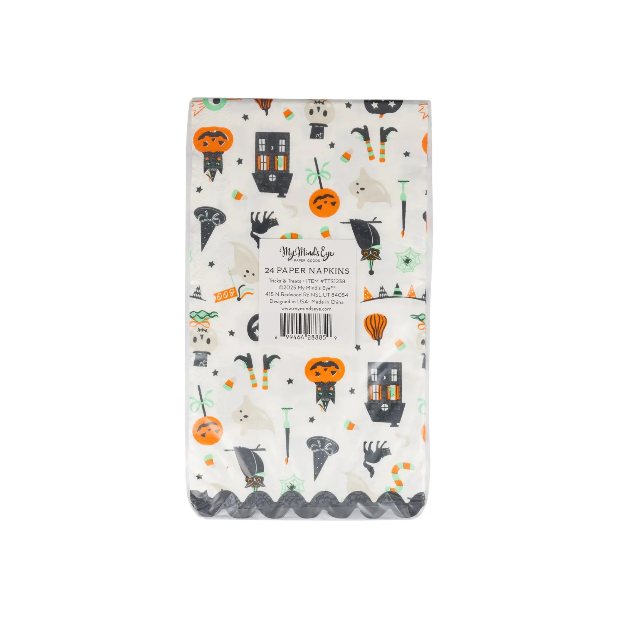 Set of 24 Tricks & Treats Napkins featuring playful Halloween icons, festive pastel Halloween paper napkins for kids parties and seasonal celebrations