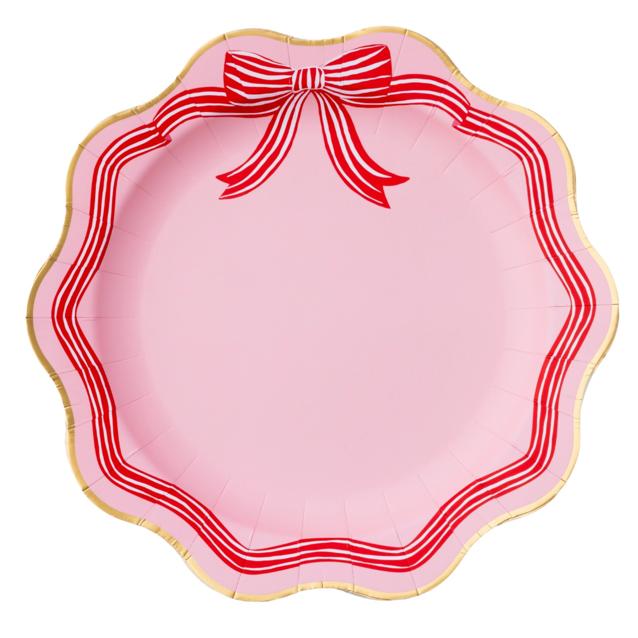 Holiday dinner plates with scalloped edges and red peppermint bow design in pink and green tones, perfect for festive Christmas table settings