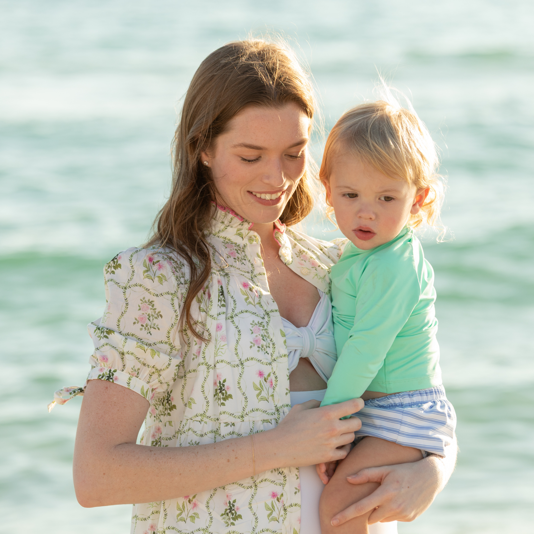 Baby boy swim bloomers in Seaside Seersucker with UPF 50+ protection; classic swim shorties with full coverage and elastic waist by Henry Duvall.