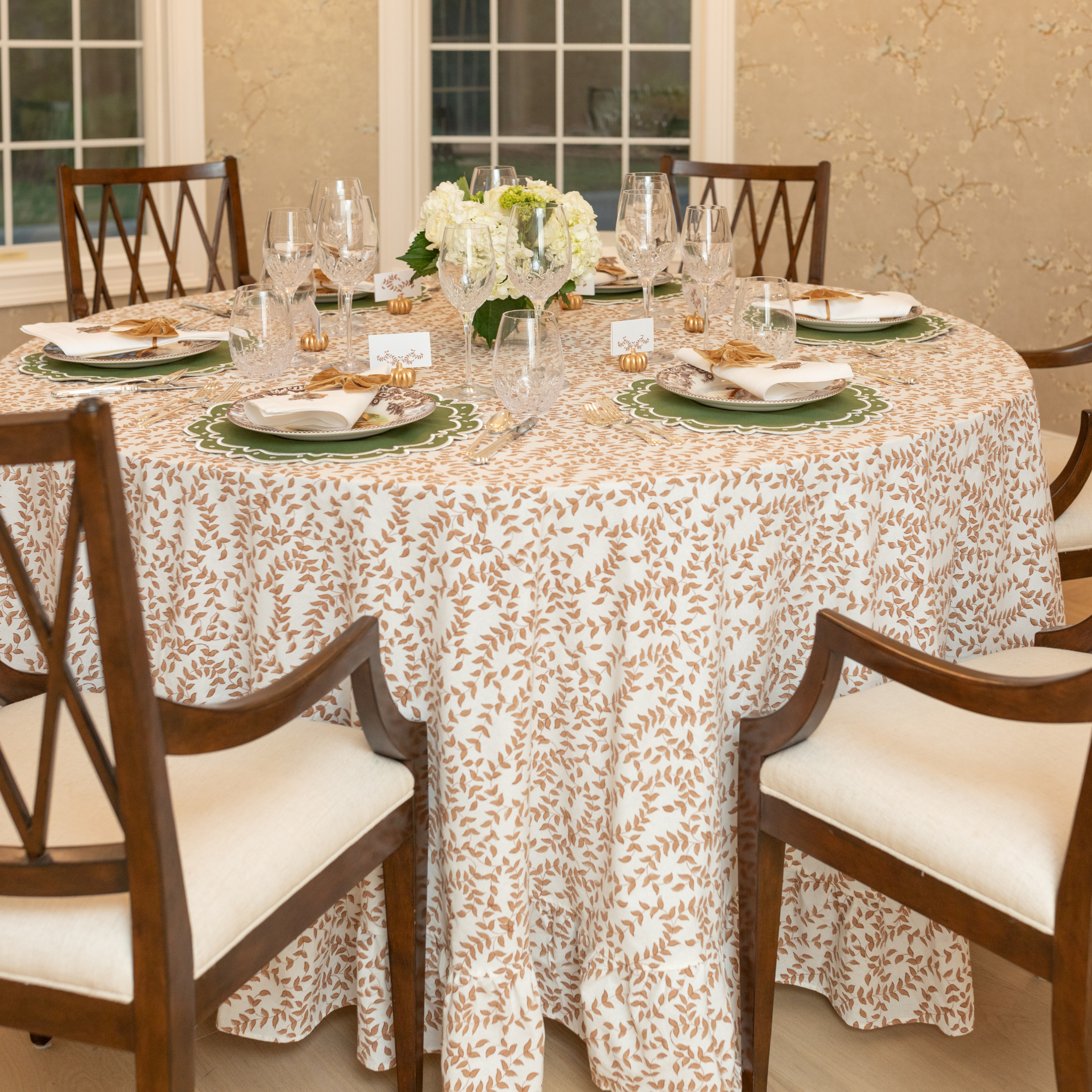 Woodland Leaves Thanksgiving tablecloth in warm golden leaf block print on ivory cotton, handcrafted by Flying Sheep Country, perfect for fall and holiday entertaining.