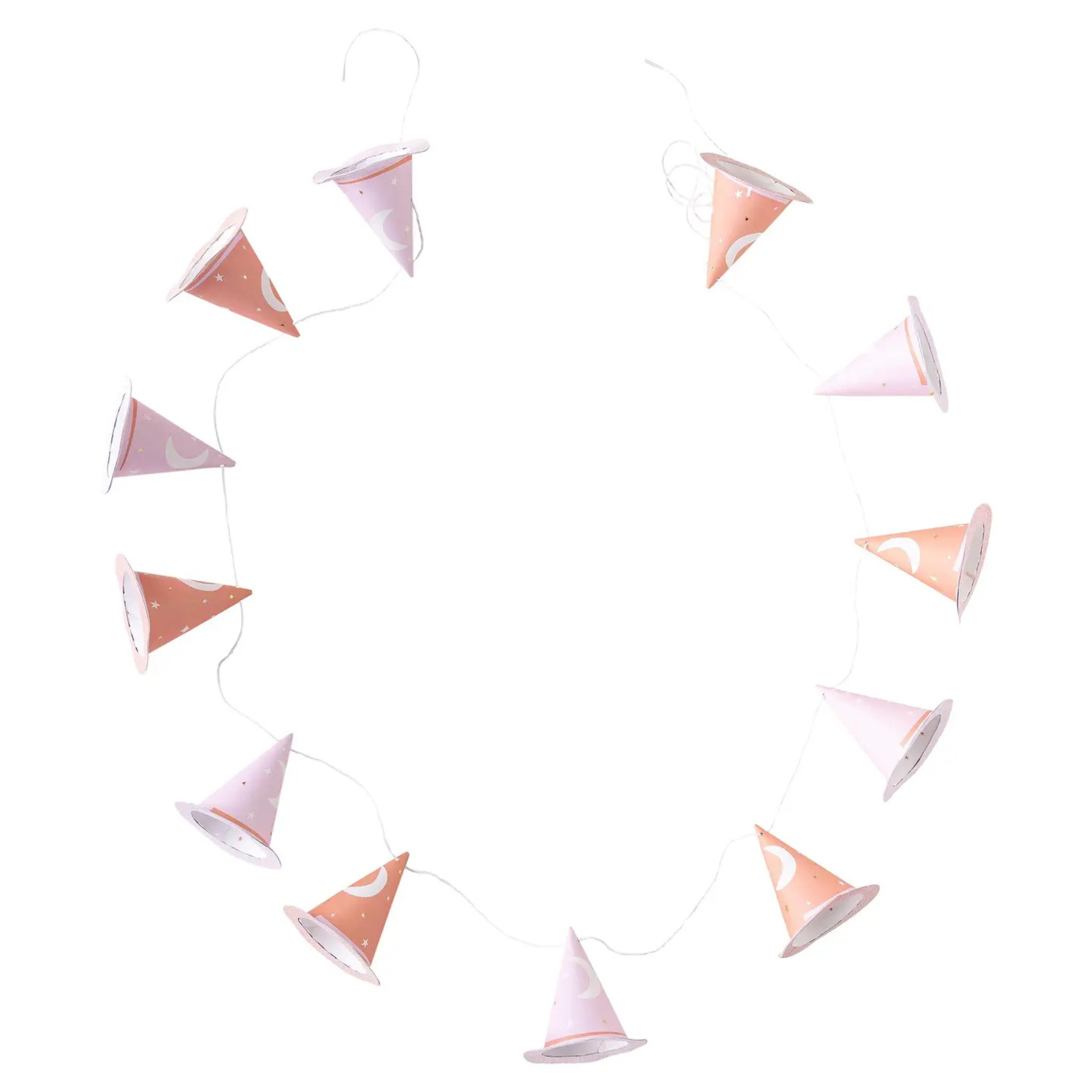 Pink Witch Hat Banner with gold foil stars and glittered brims, six-foot Halloween garland with 12 mini hats, perfect for whimsical holiday party decor
