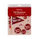 Set of festive mini buttons and pennants designed for Elf on the Shelf displays, perfect for welcoming your holiday elf back from the North Pole