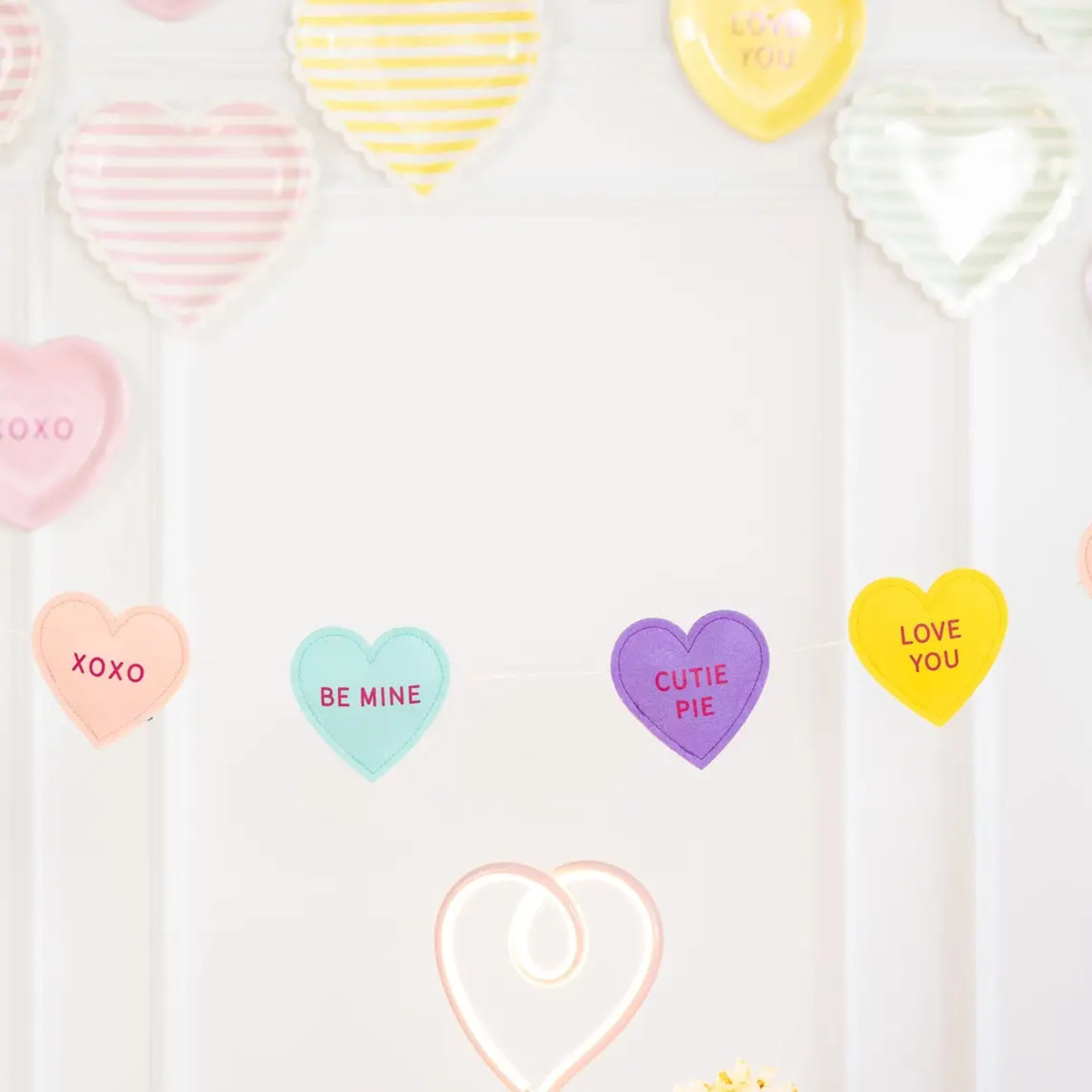 Conversation Hearts Felt Banner with pastel puffy hearts inspired by candy messages, valentines decor