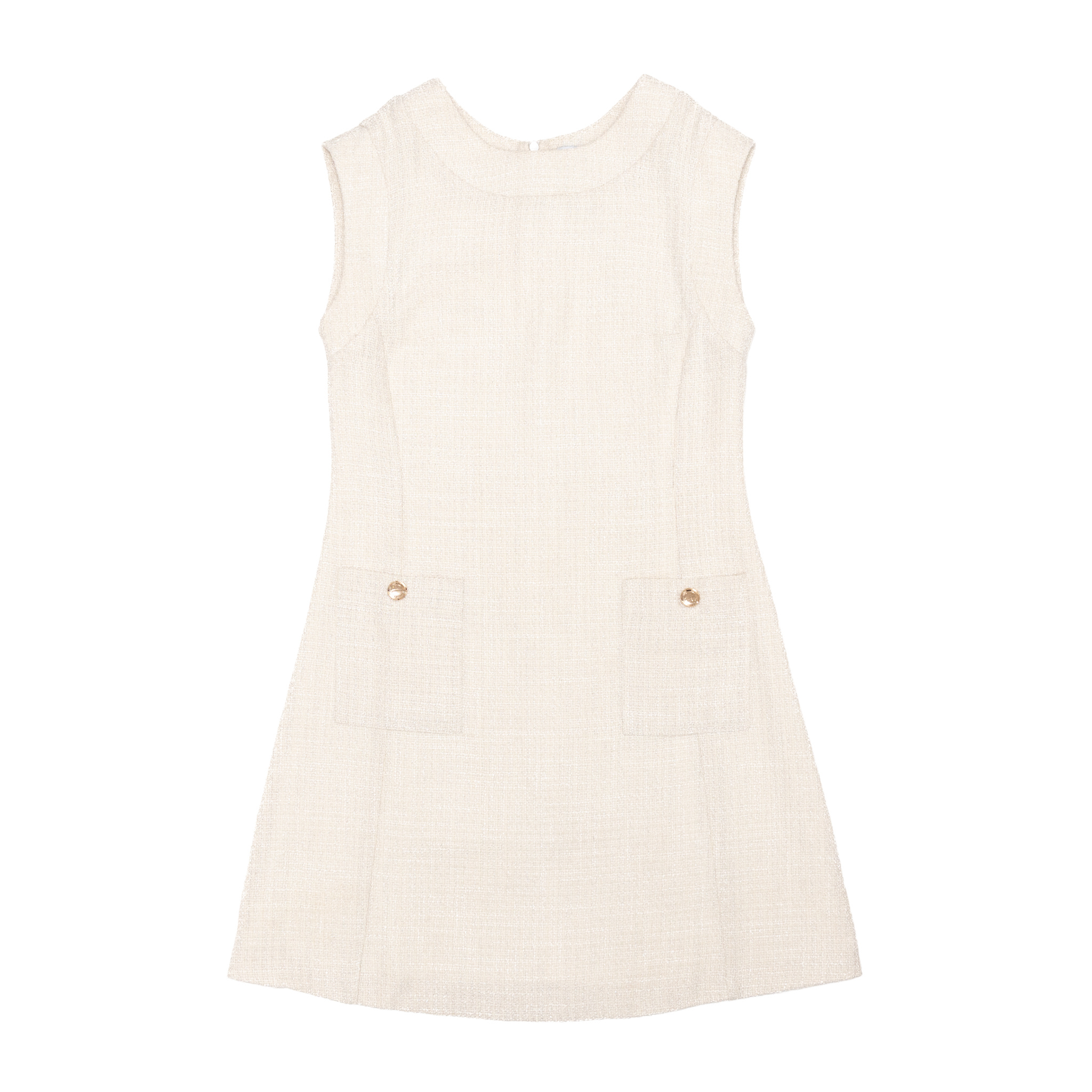 Henry Duvall Laine Dress in ivory tweed with gold metallic thread and HD gold buttons, classic A-line women’s fall dress designed for coordinating family looks