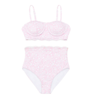 Woman’s preppy bikini in seersucker fabric, flattering two-piece swimsuit with UPF 50+ sun protection, designed to match kids’ and baby swim styles