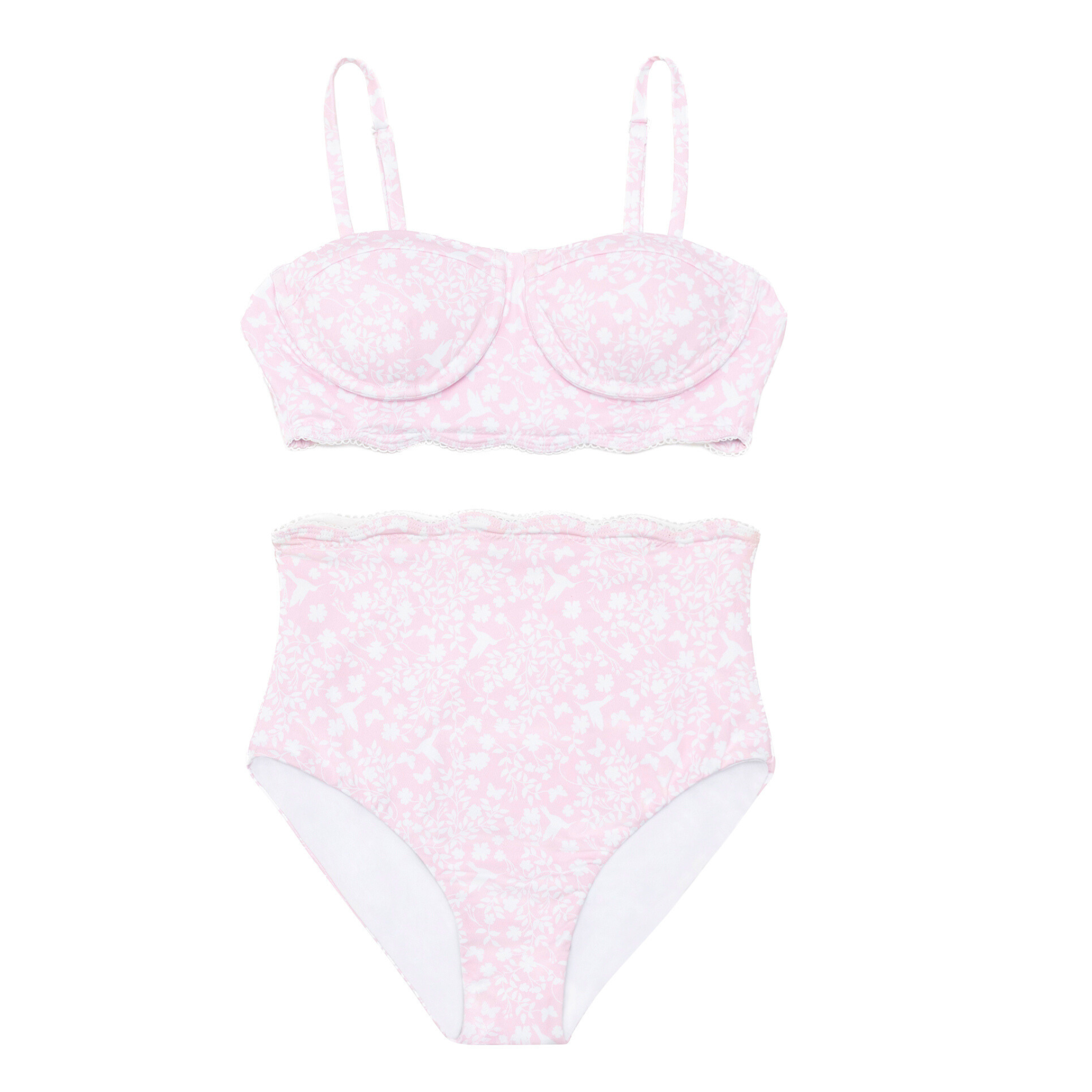 Woman’s preppy bikini in seersucker fabric, flattering two-piece swimsuit with UPF 50+ sun protection, designed to match kids’ and baby swim styles