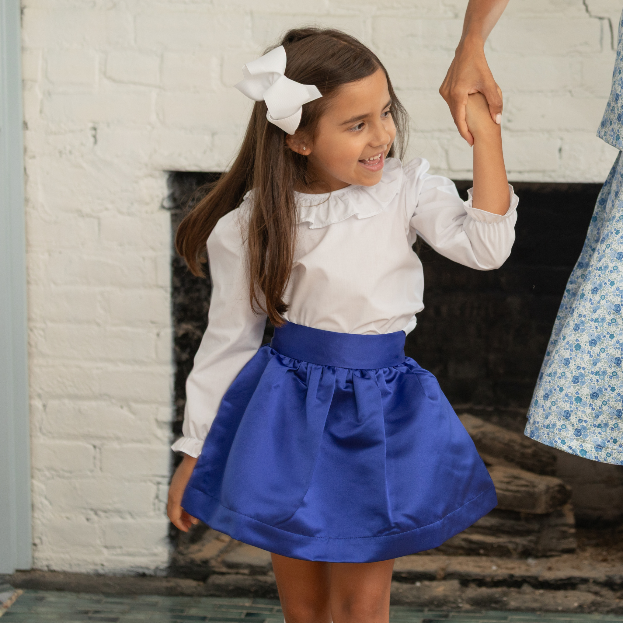 Henry Duvall Sutton Skirt in Boylston Blue, classic fall skirt for older girls designed for subtle sibling coordination with Prescott Plaid and Prescott Petals
