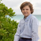 Henry Duvall blue gingham Bennett button down shirt in soft cotton, classic preppy boys spring wardrobe staple for Easter and sibling matching
