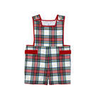 James Henry Jon Jon in Townsend Tartan, a red and green plaid holiday outfit for baby and toddler boys with red velvet trim and gold buttons.