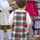 James Henry Jon Jon in Townsend Tartan, a red and green plaid holiday outfit for baby and toddler boys with red velvet trim and gold buttons.