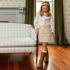 Henry Duvall girls’ fall floral skirt with rose corduroy-covered buttons, a classic flat front, and elastic back waistband.