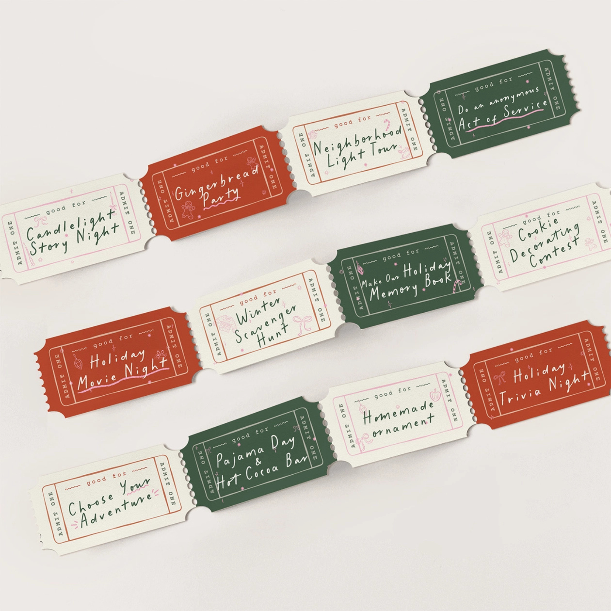 Holiday activity coupon book for kids with 12 tear-off tickets featuring festive family activities like baking, light tours, and game nights; ideal for a season full of memory-making