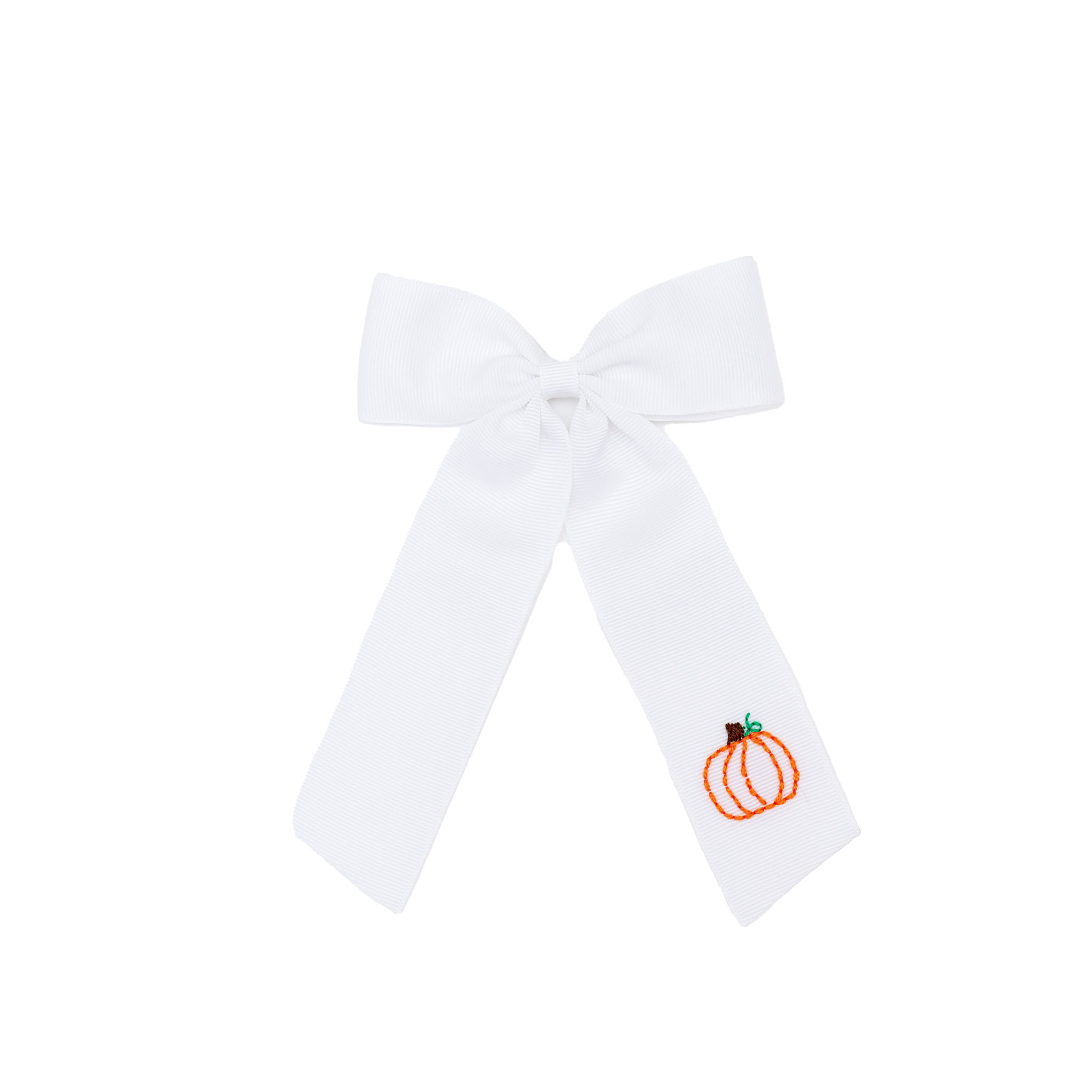 Pumpkin Bow in white grosgrain by Winn & William, hand-embroidered with orange pumpkin, classic fall hair accessory with alligator clip for toddler and girls