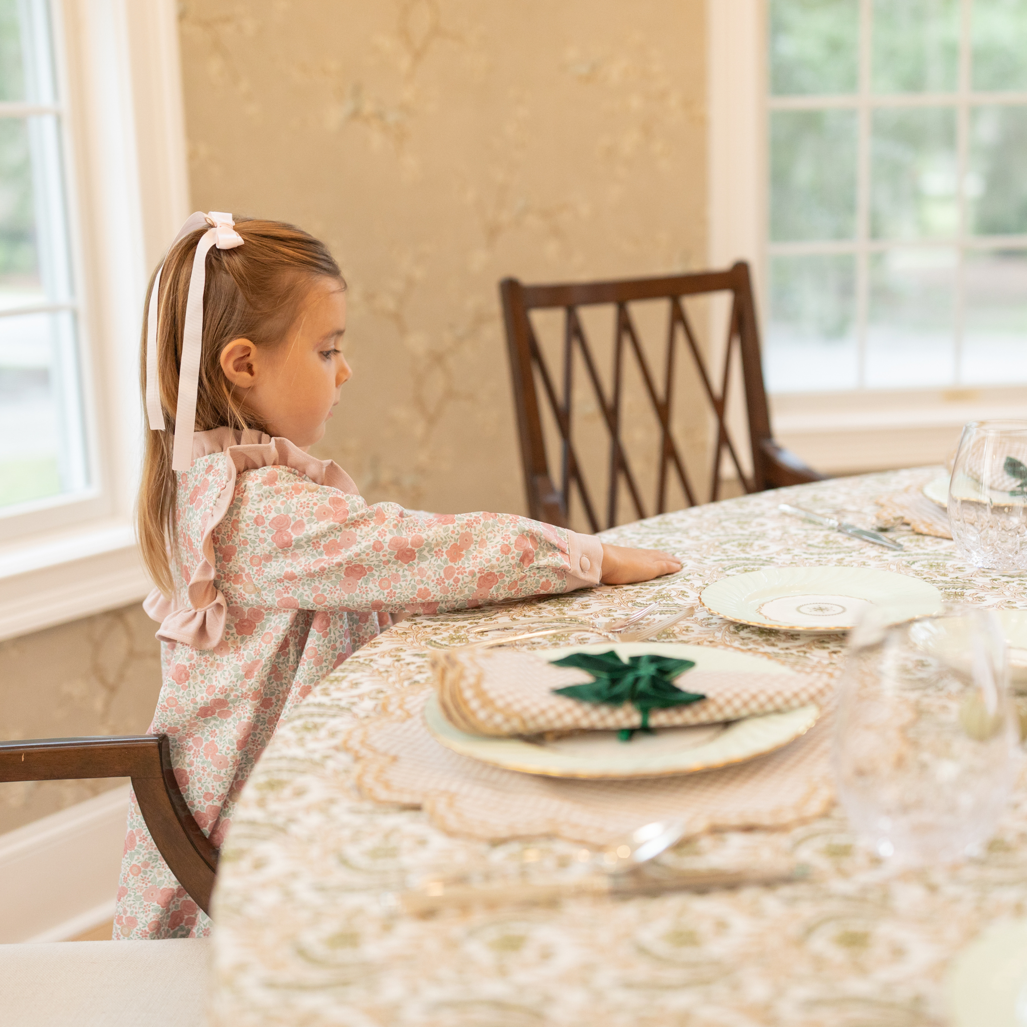 Harvest Fable tablecloth with green and gold block print, styled for Thanksgiving with gingham accents