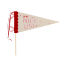 Packaged set of two festive felt pennants with scalloped edges, one in cream with “On the Nice List” in red and pink, and one in soft pink with “On the Naughty List,” ideal for kids' Christmas parties or playful holiday decor