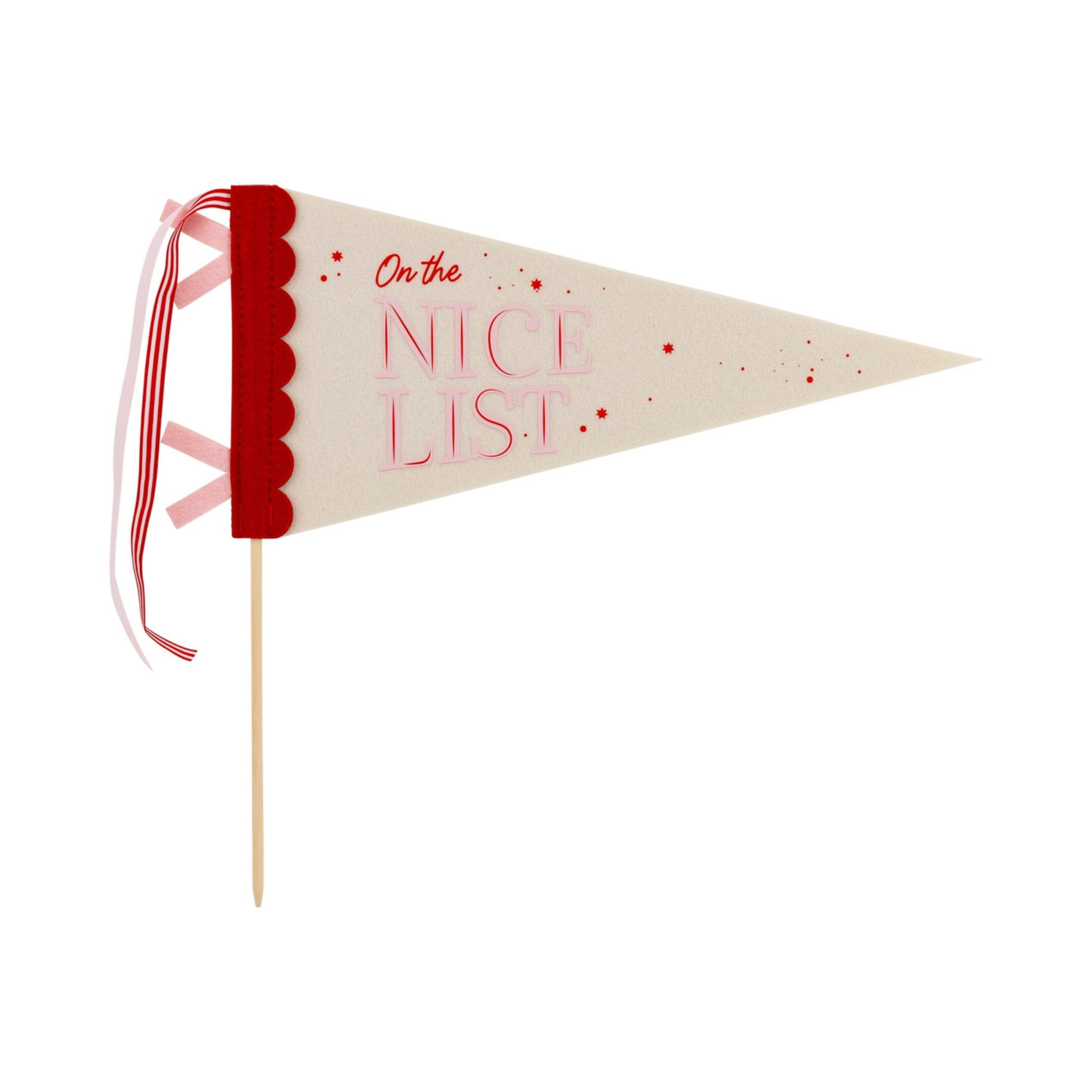 Packaged set of two festive felt pennants with scalloped edges, one in cream with “On the Nice List” in red and pink, and one in soft pink with “On the Naughty List,” ideal for kids' Christmas parties or playful holiday decor