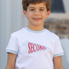 Henry Duvall Pennant Tee featuring appliqué grade pennant, classic back-to-school shirt for kindergarten through fifth grade, perfect for first day of school photos and school milestone celebrations.