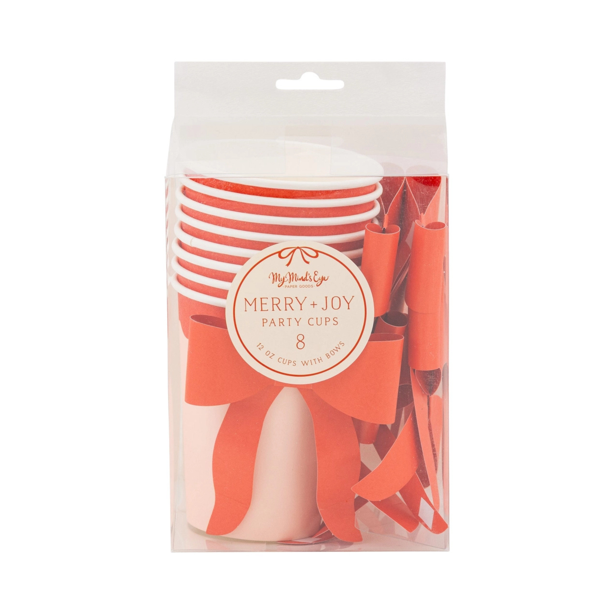 Red and pink paper party cup with a large red paper bow attached to the front, perfect for festive holiday gatherings.