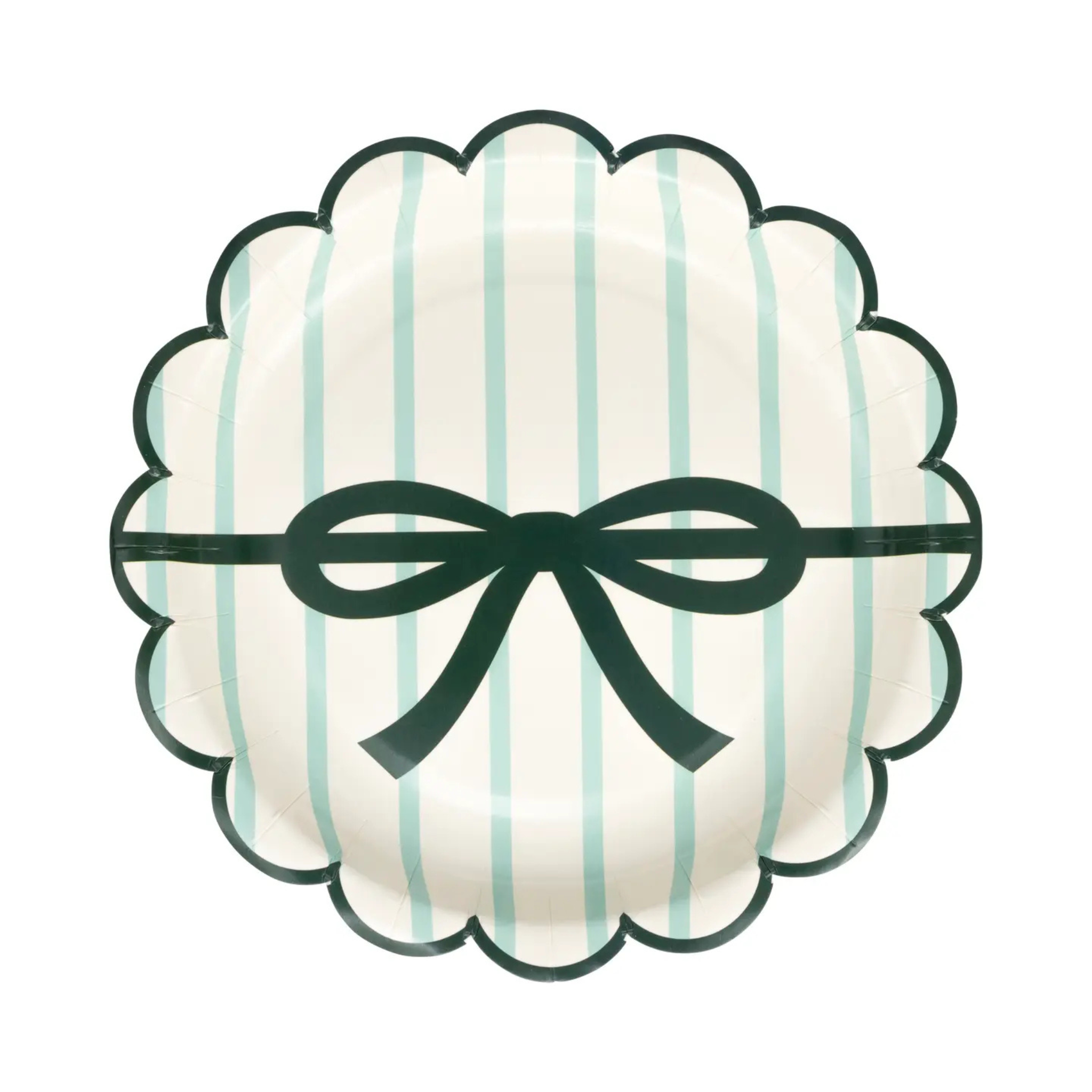 Two scalloped-edge paper plates with vertical stripes and bow designs—one red, one green