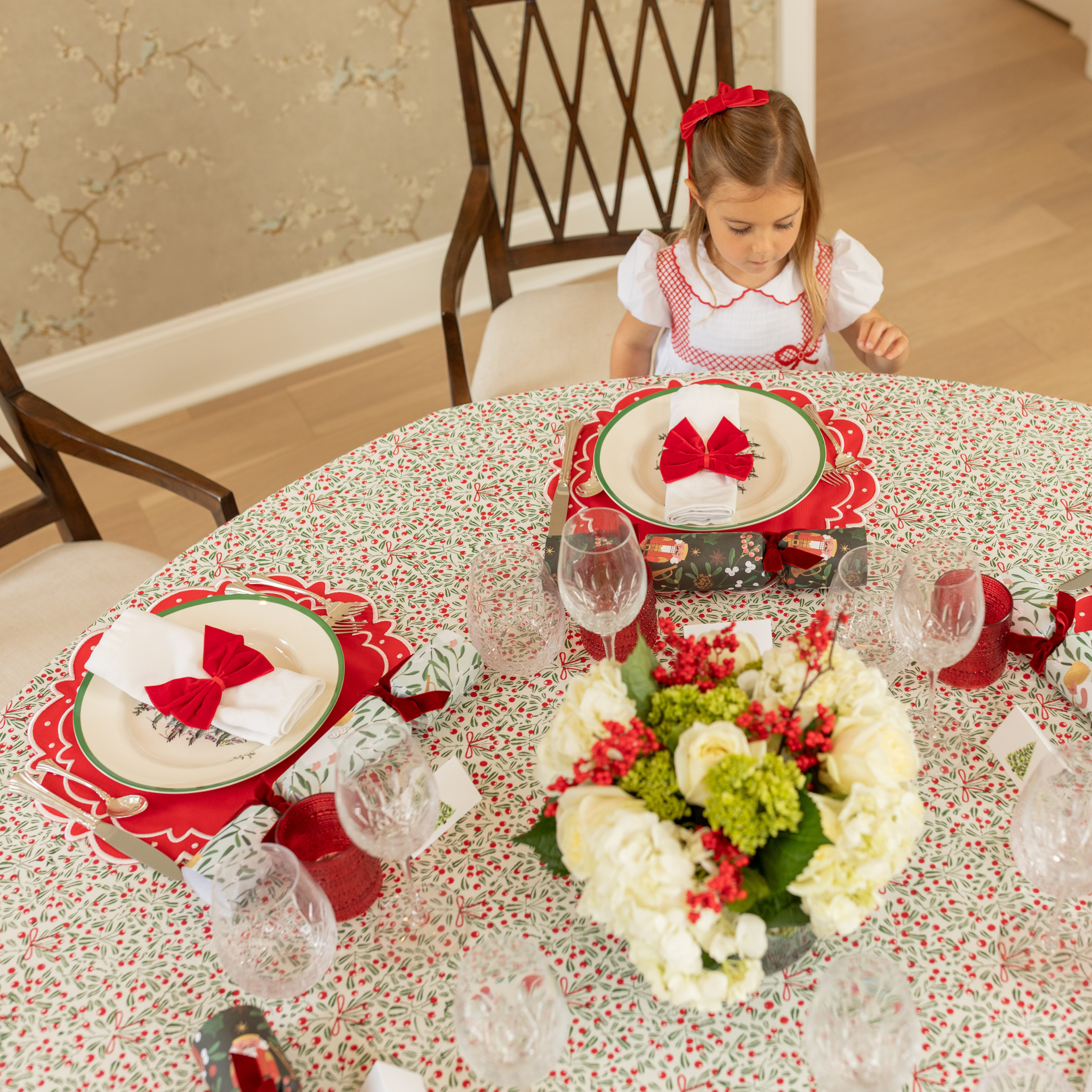Flying Sheep Country red embroidered placemats, classic round red holiday placemats with white stitching, perfect for Christmas and Thanksgiving table settings, available at Holiday Fave Finds
