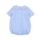 Henry Duvall Banks Bubble in classic blue Charles Street Check with King’s Way Khaki Corduroy trim, classic fall baby boy outfit with covered buttons and diaper snaps