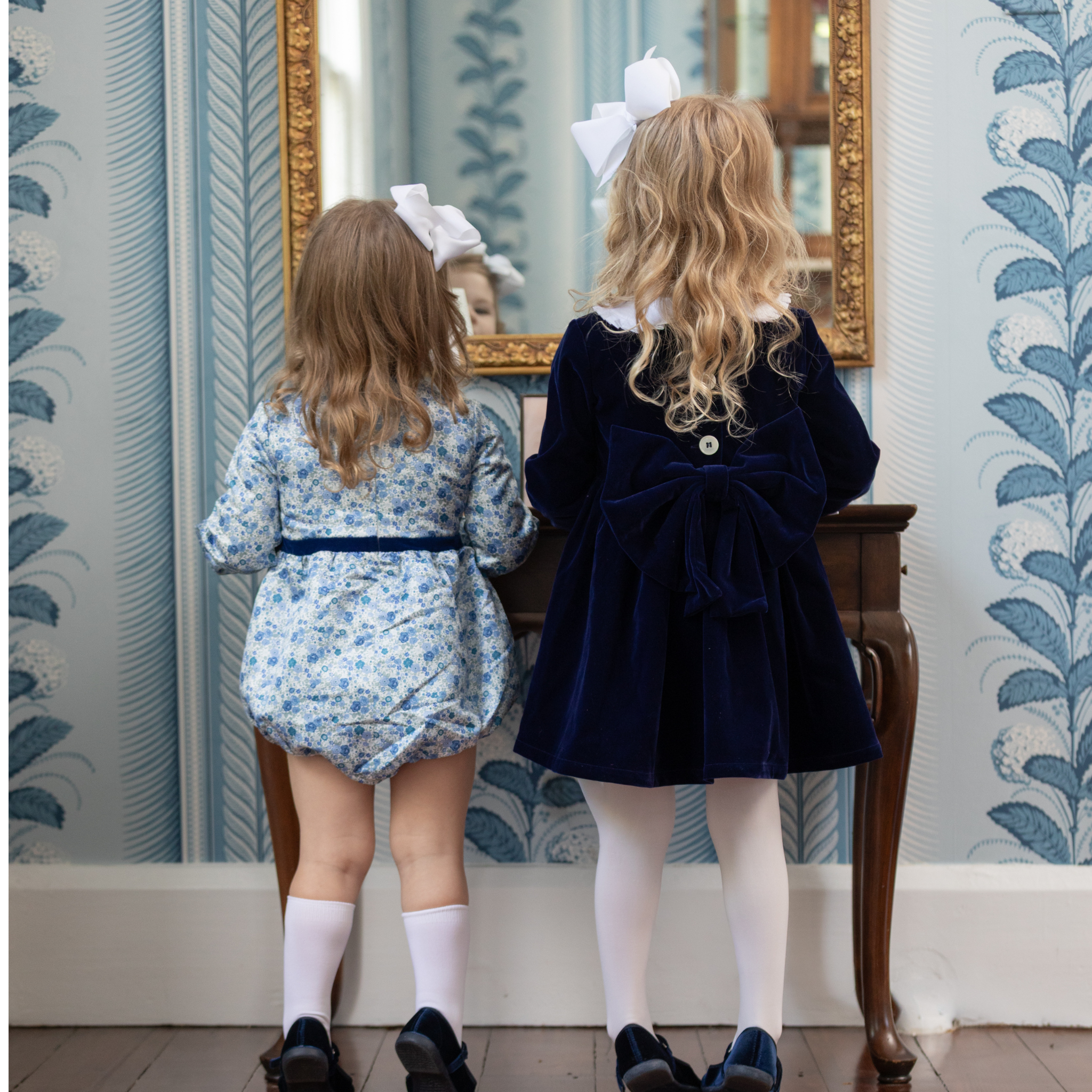 Henry Duvall Hazel Bubble in Prescott Petals floral with Back Bay Blue Velvet bow, classic baby girl fall romper designed to coordinate with sibling and mommy styles