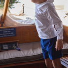 Henry Duvall Robert Shorts in Back Bay Blue Velvet, classic toddler boys fall dress shorts with flat front and elastic back, perfect for pairing with plaid shirts and sibling looks