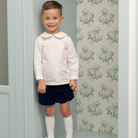 Henry Duvall Robert Shorts in Back Bay Blue Velvet, classic toddler boys fall dress shorts with flat front and elastic back, perfect for pairing with plaid shirts and sibling looks