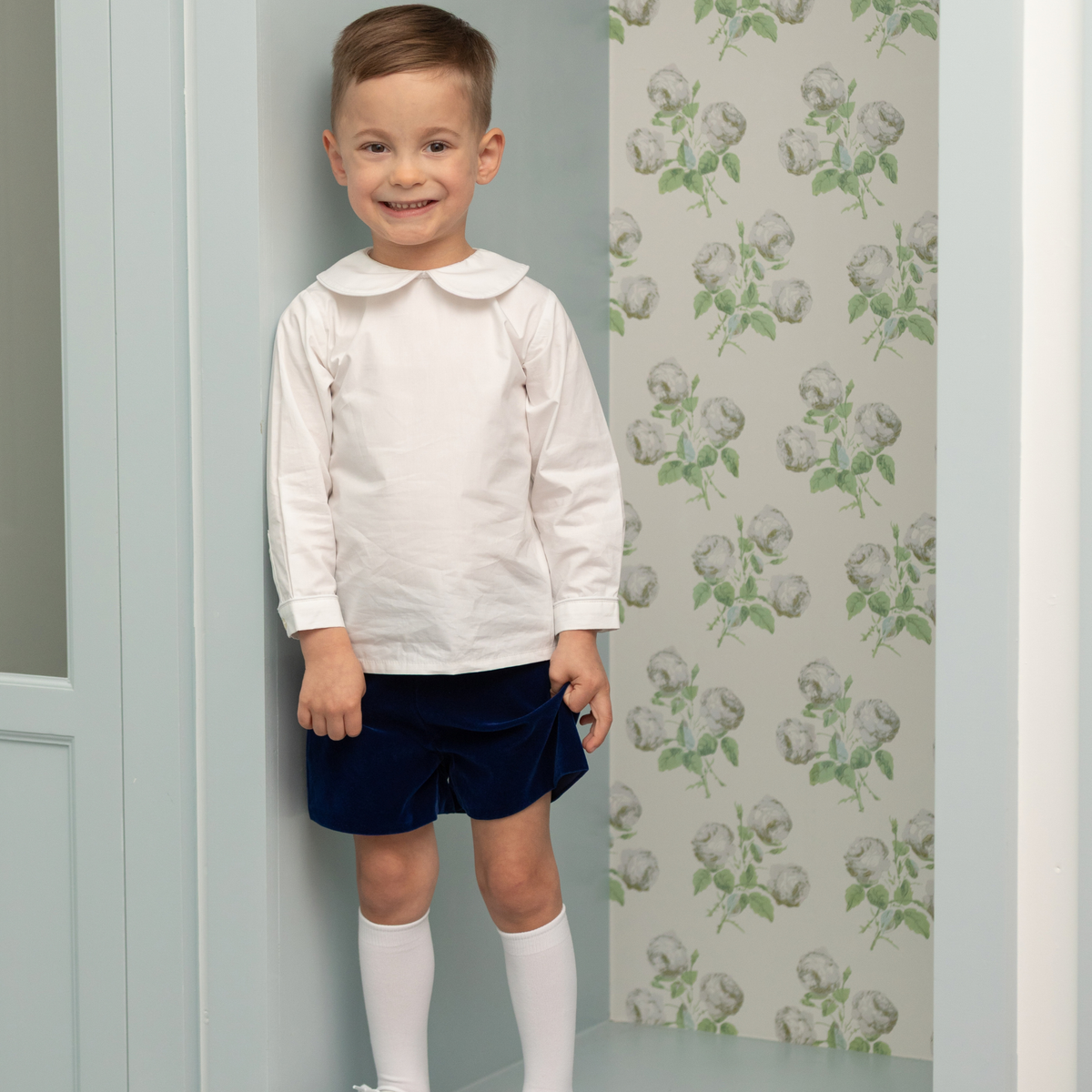 Henry Duvall Robert Shorts in Back Bay Blue Velvet, classic toddler boys fall dress shorts with flat front and elastic back, perfect for pairing with plaid shirts and sibling looks