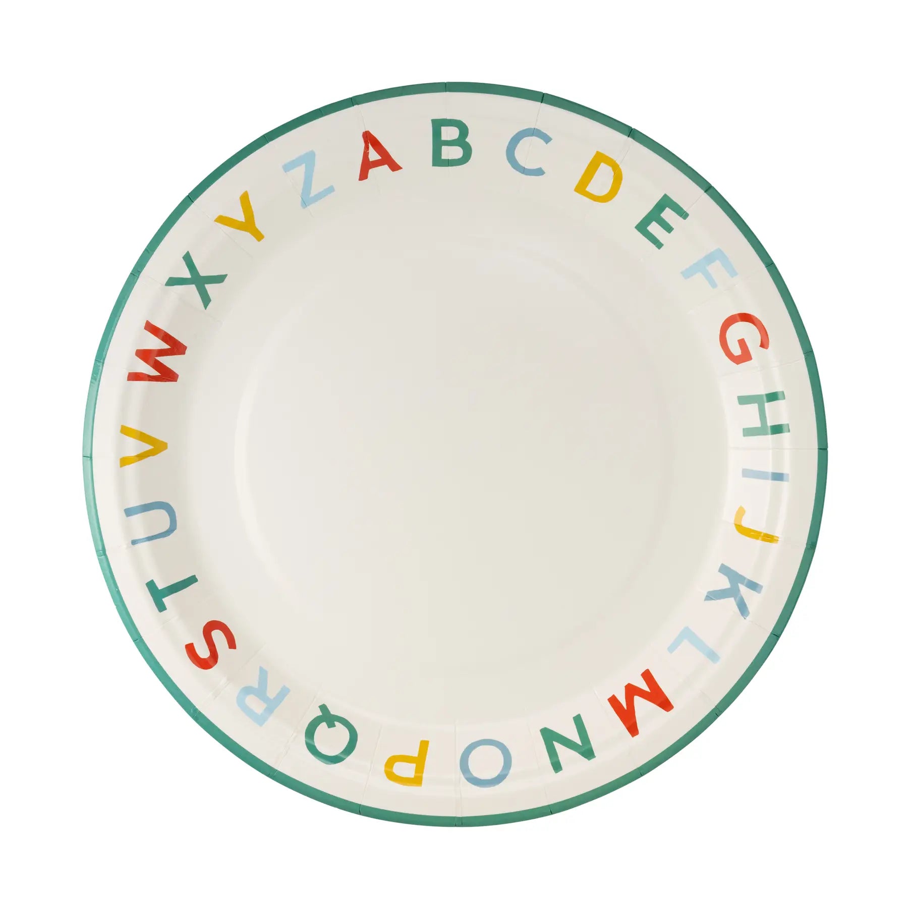 Round plate with colorful letters around the edge on a white background