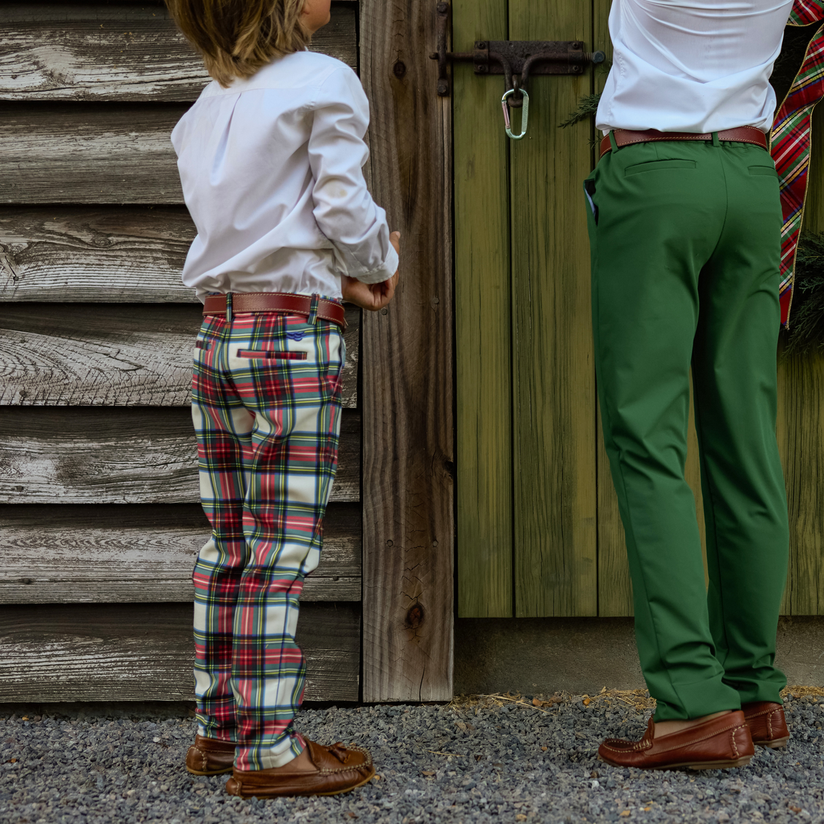 Classic boys’ holiday trousers in traditional Townsend Tartan with red and green plaid – perfect for family photos and festive occasions