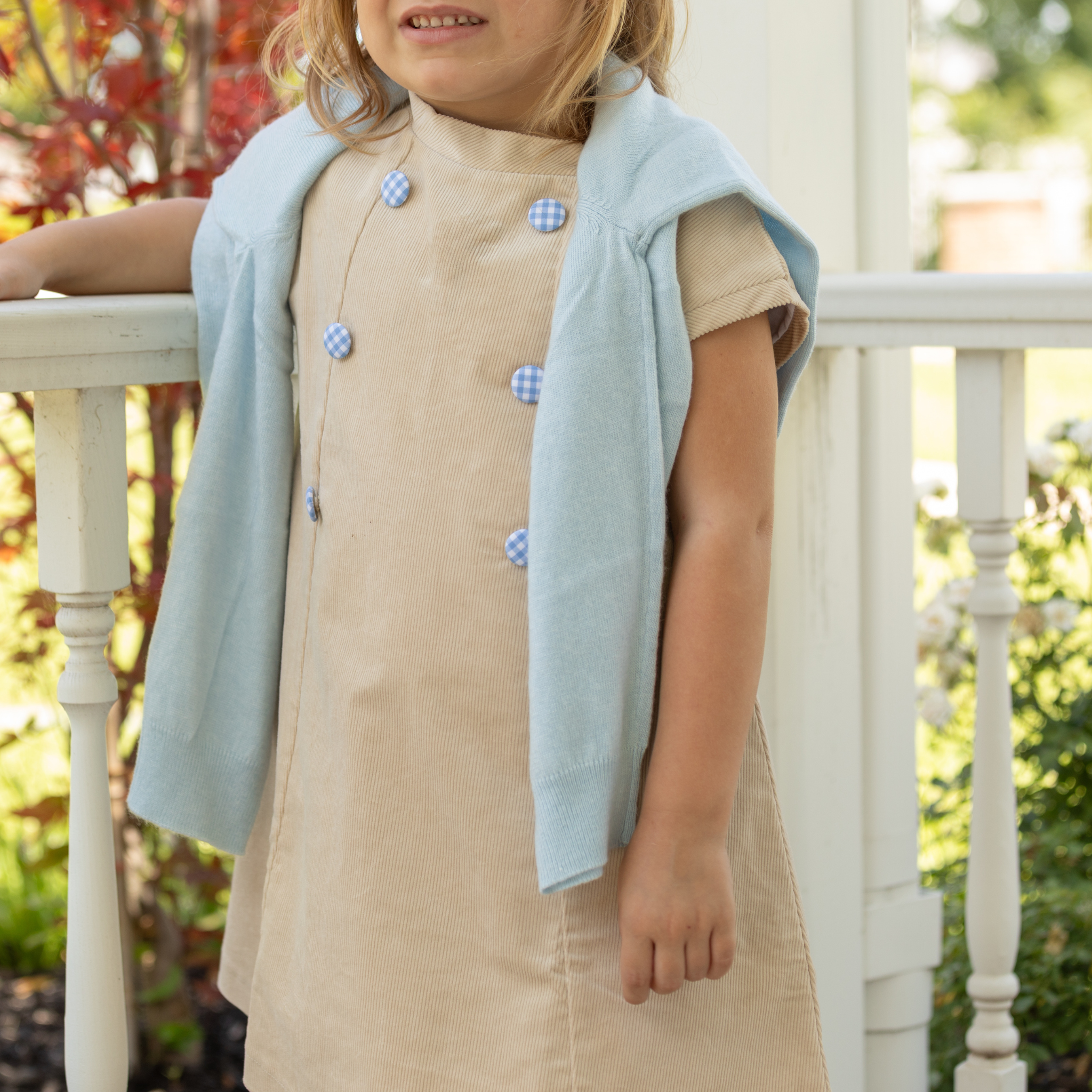 Henry Duvall Isabel Dress in King’s Way Khaki Corduroy with Charles Street Check covered buttons, classic fall toddler and girls outfit with heirloom style and timeless details 