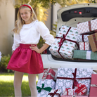 Red holiday skirt for teen girls with subtle pleats and elegant shine, Henry Duvall Sutton Skirt with elastic waistband and classic A-line silhouette