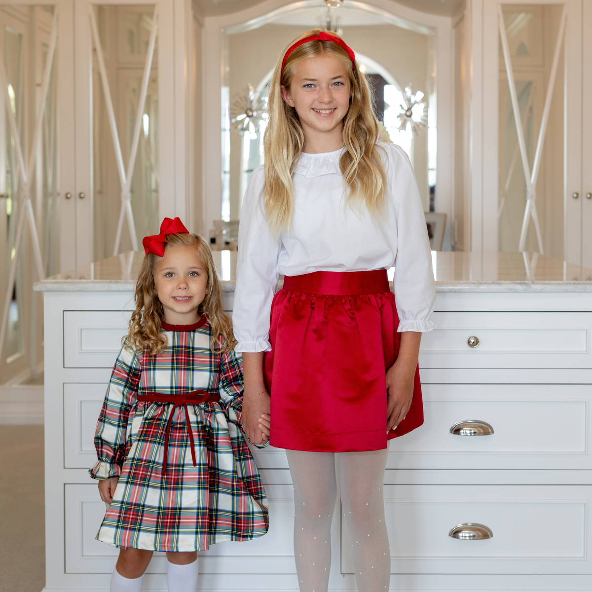 Red holiday skirt for teen girls with subtle pleats and elegant shine, Henry Duvall Sutton Skirt with elastic waistband and classic A-line silhouette