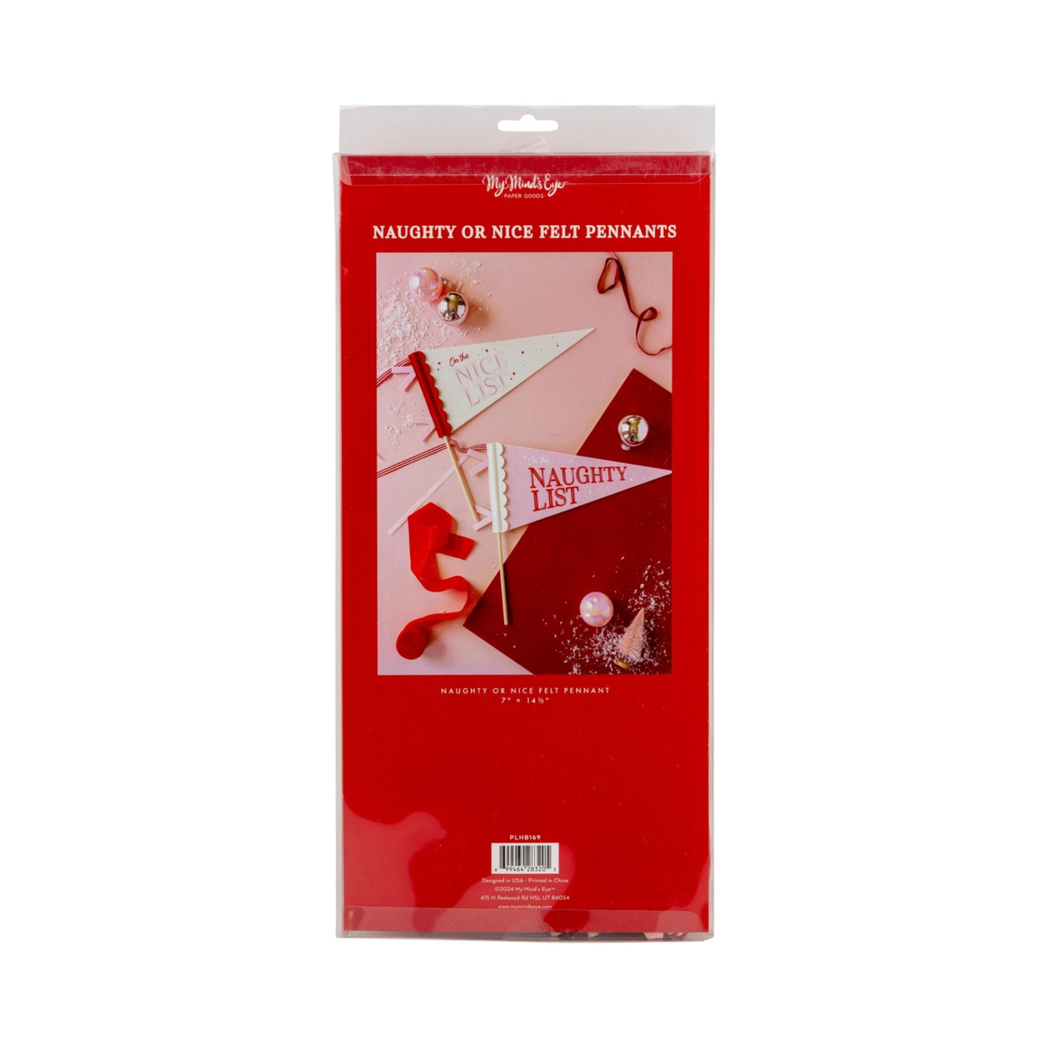 Packaged set of two festive felt pennants with scalloped edges, one in cream with “On the Nice List” in red and pink, and one in soft pink with “On the Naughty List,” ideal for kids' Christmas parties or playful holiday decor