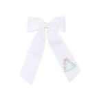 White hair bow with embroidered design on a white background