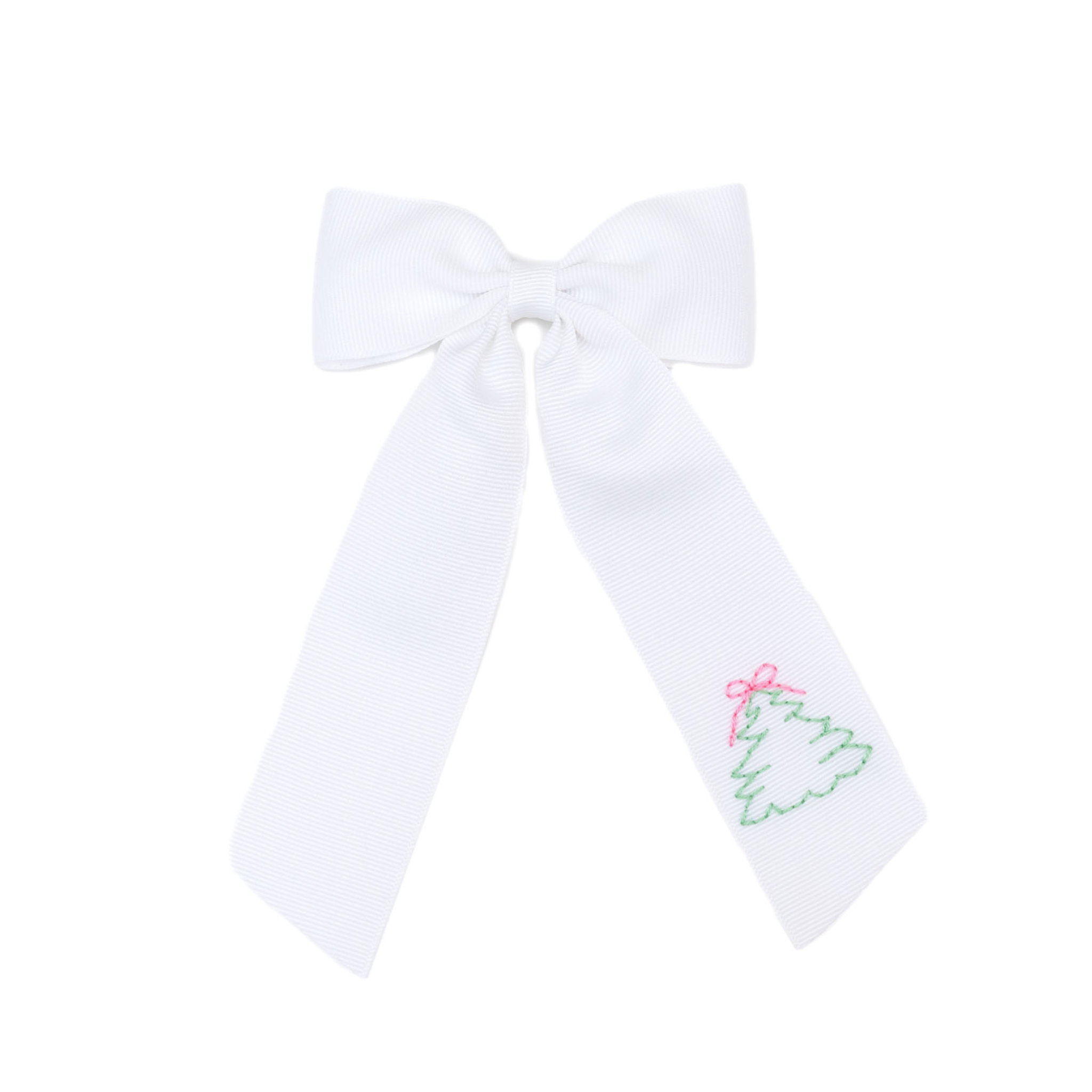 White hair bow with embroidered design on a white background