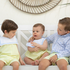 Boys’ seersucker spring dress shorts in crisp cotton with flat front and elastic back waistband, by Henry Duvall – versatile for Easter, portraits, and warm-weather occasions.