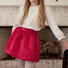Red holiday skirt for teen girls with subtle pleats and elegant shine, Henry Duvall Sutton Skirt with elastic waistband and classic A-line silhouette