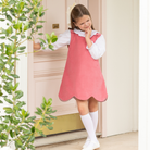Henry Duvall Janey Jumper girls’ dress in Fall Floral with scalloped hem and fabric-covered shoulder buttons, designed for layering with blouses and turtlenecks for fall.
