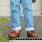 Henry Duvall Bradford Trousers in Brookhaven Blue light blue corduroy for boys, fully lined in Bay Tree Blue Check with contrast checked cuffs that can be rolled up or worn down.